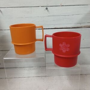 Vintage Tupperware Camping Mugs Set of 2 – Red Snowflake & Orange Stackable Cups